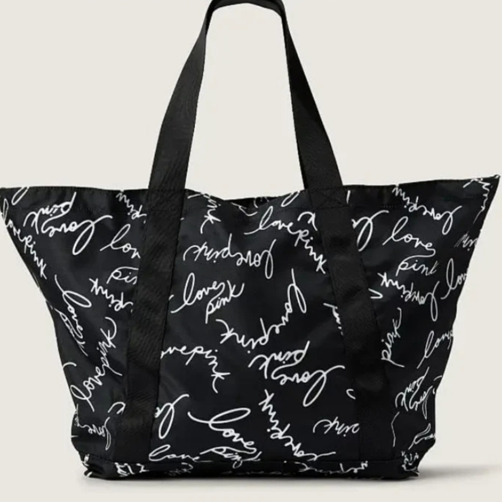Victoria's Secret Pink Black Script Logo Tote Zip Top Weekender Beach Bag